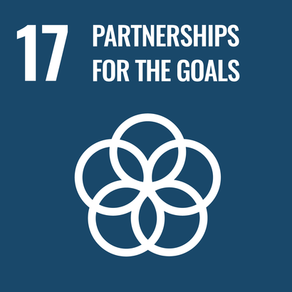 Dark blue square with white pictogram in which 5 rings arranged in a circle, each intersecting at the sides, giving the overall impression of a flower. At the top in white the number 17 and the words "Partnerships for the goals". 