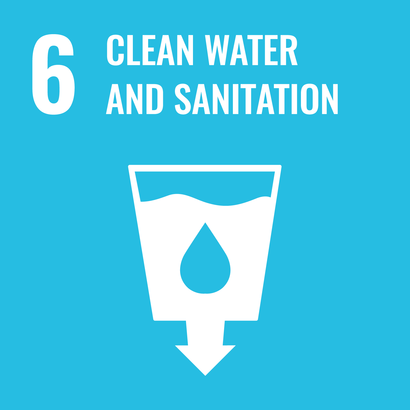 Turquoise blue square with white pictogram showing water glass filled with a drop. From the bottom of the glass shows an arrow pointing down.On the top edge in white the number 6 and the words "Clean water and sanitation". 
