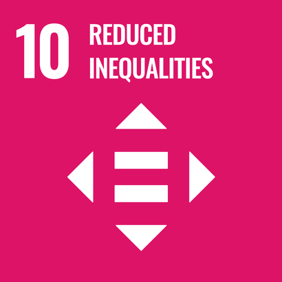 Pink square with white pictogram showing an equal sign in the center. Around the equality sign on each of the 4 sides in equal distance is a white triangle with the tip facing outwards, arrow-like. On the upper edge in white letters the number 10 and the words "Less inequalities".