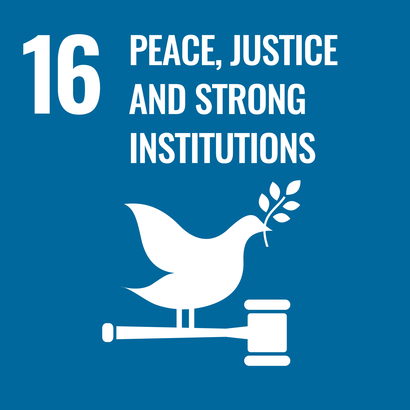 Blue square with a white pictogram of a peace dove sitting on a reclining hammer and holding a branch with 5 leaves in its beak. At the top of the image in white the number 16 and the words "Peace, Justice and Strong Institutions". 