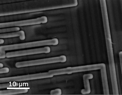 REM-Aufnahme von Leiterbahnen auf einem Mikrochip