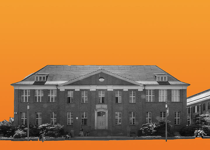 Hauptgebäude auf orangenem Hintergrund