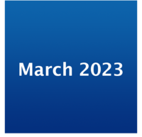 Icon mit weißer Schrift "March 2023" auf blauem Grund
