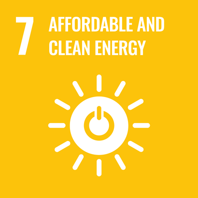 Sunny yellow square with white pictogram of a sun with the Power sign on it. On the upper edge in white the number 7 and the words "Affordable and clean energy". 