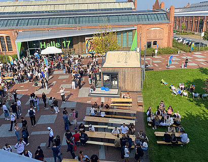 Bild von oben auf belebten Campus der TH Wildau vor Halle 17