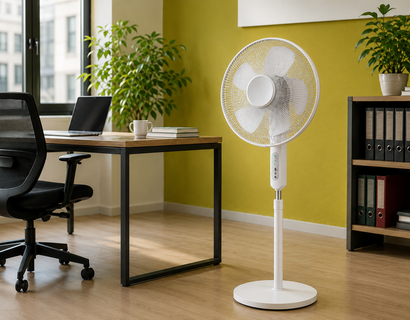 Auf dem Foto ist ein heller Büroarbeitsplatz zu sehen. Rechts im Bild steht ein weißer Standventilator vor einer gelbgrünen Wand. Links daneben befindet sich ein Schreibtisch mit einem geöffneten Laptop, einer Tasse und einigen Büchern.  Im Vordergrund steht ein schwarzer Bürostuhl. Im Hintergrund sind ein Fenster, mehrere Zimmerpflanzen und ein Regal mit Aktenordnern zu sehen. Der Raum wirkt aufgeräumt, freundlich und gut belüftet.  Das Bild passt zum Hinweis, dass Mitarbeitende bei hohen Temperaturen einen Ventilator am Arbeitsplatz nutzen können.