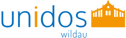 Unidos Wildau Logo mit dem Schriftzug "Unidos" in orange / blau und eines orangefarbenen Silhouette von Halle 14 auf dem Campus