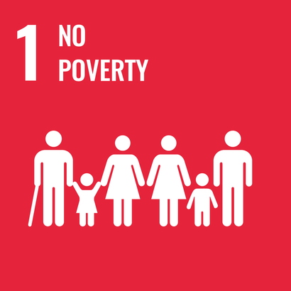 Red square showing a white pictograms of 6 people of different ages. In addition, in white the number 1 and the slogans "No poverty"