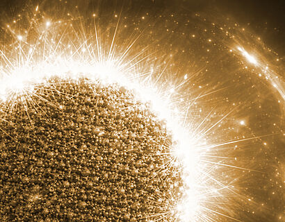 Künstlerische Darstellung eines umhüllten Nanopartikels mit Glüheffekten