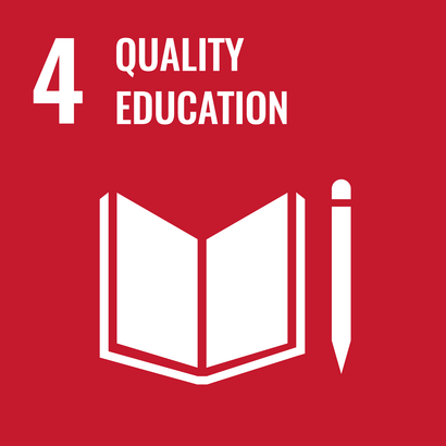 Red square with white pictogram of book and pen. On the upper edge in white the number 4 with the text "High quality education".