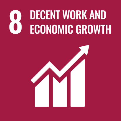 Dark red square with white pictogram showing a three-column bar chart above which runs an arrow that, after a dip in the middle, points steeply upwards at the end. At the top in white the number 8 and the words "Decent work and economic growth".