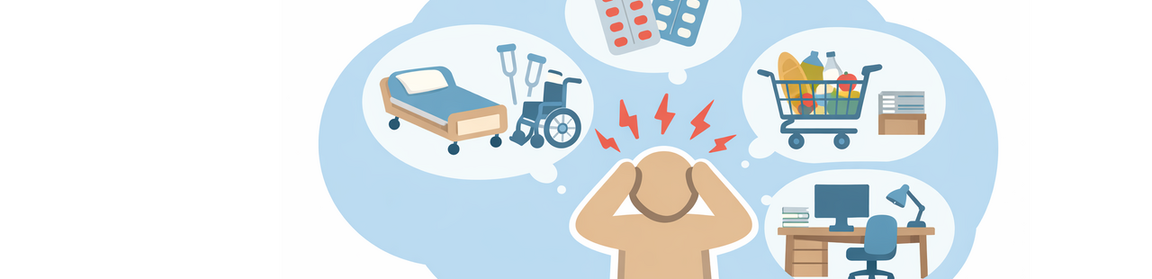 Schematische Grafik, die in der Mitte eine Spielfigur zeigt, die die Hände zum Kopf ringt. Um sie herum schweben in Blasen verschiedene Gegenstände: Ein Pflegebett, ein Rollstühl und Krücken, Tablettenblister, Ein voller Einkaufswagen und ein Büroarbeitsplatz.