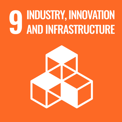 Orange square with white pictogram showing three cuboids. These are arranged so that 2 cuboids are at the same height, intersecting at a longitudinal edge. On the left cuboid the surface is completely white, on the right cuboid the front. The third cuboid sits at the back between the other two cuboids, so that 2 of its lower edges are identical with 1 upper edge of each of the other two cuboids, creating a kind of pedestal across the corner. At the upper edge in white the number 9 and the lettering "Industrie, Innovation und Infrastrukur". 