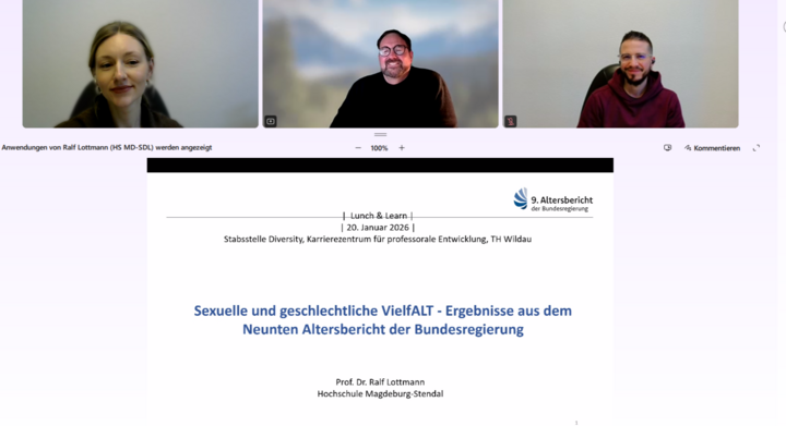 Screenshot einer Videokonferenz mit drei Personen und einer geteilten Präsentation.