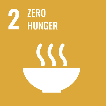 Yellow square with white pitcogram of a steaming bowl. On the upper edge of the picture the white number 2 with the slogan Zero hunger
