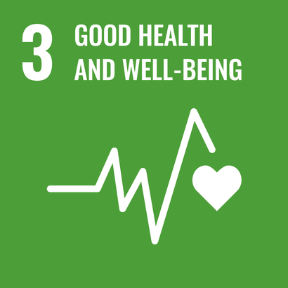 green square with white pictogram of a heart line and a heart. On the upper edge in white the number 3 and the text "Health and well-being".