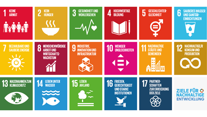 Kacheln mit Text zu jedem der siebzehn Ziele für nachhaltige Entwicklung 