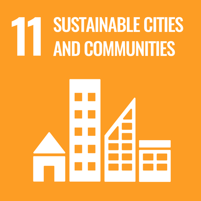 Yellow-orange square with white pictogram of different houses. At the top of the image in white the number 11 and the words "Sustainable Cities and communities".