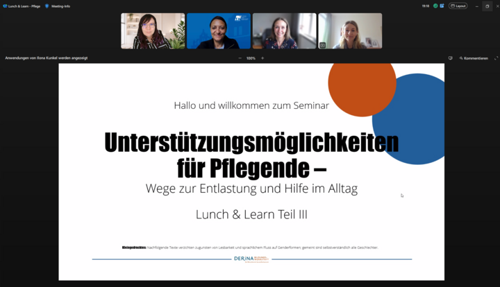 Screenshot vom Online-Event "Lunch & Learn Pflege", wo das Orga-Team auf Kacheln zu sehen ist.